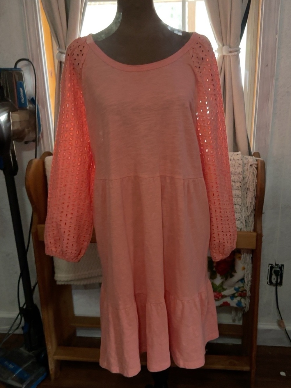 Coral Peach Eyelet Balloon Sleeve Tiered Babydoll Dress Boho